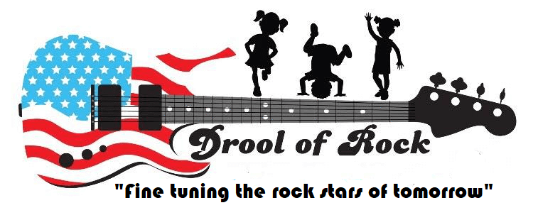 Drool of Rock logo with flag guitar and kids.