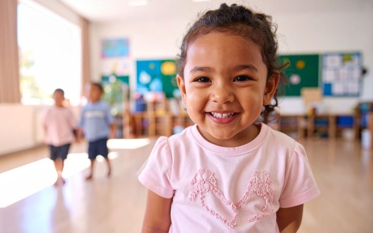 Smiling girl in a daycare classroom setting. Best Age to Start Daycare